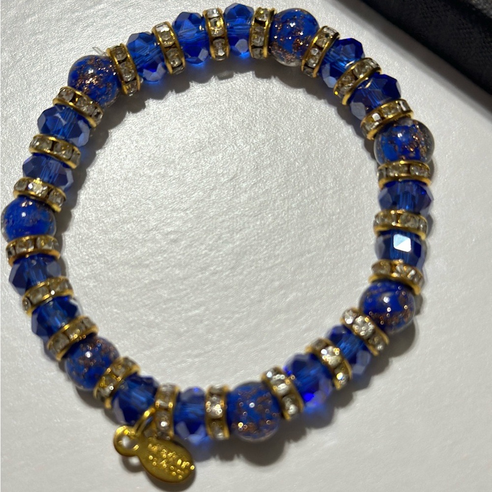 🇮🇹 MURANO- Blue Murano Glass Beads Bracelet & Cubic Zirconia Spacers-Stretch